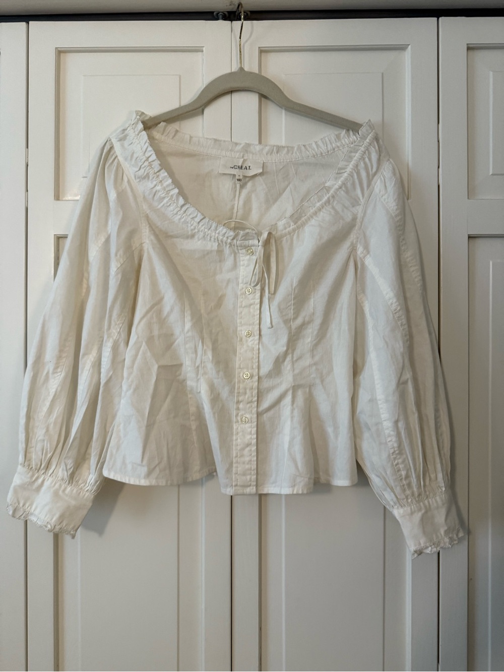 THE GREAT. Cream Button-Front Peasant Blouse